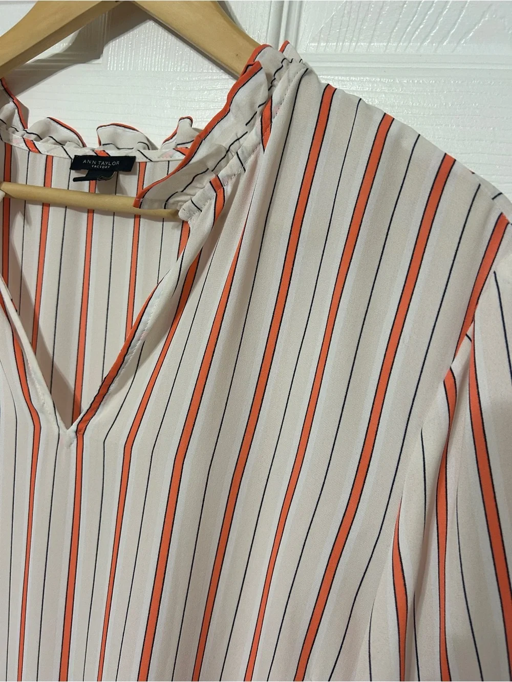 Ann Taylor Factory Blouse Top Orange Cream Stripe 3/4 Ruffle Sleeves Women’s XL